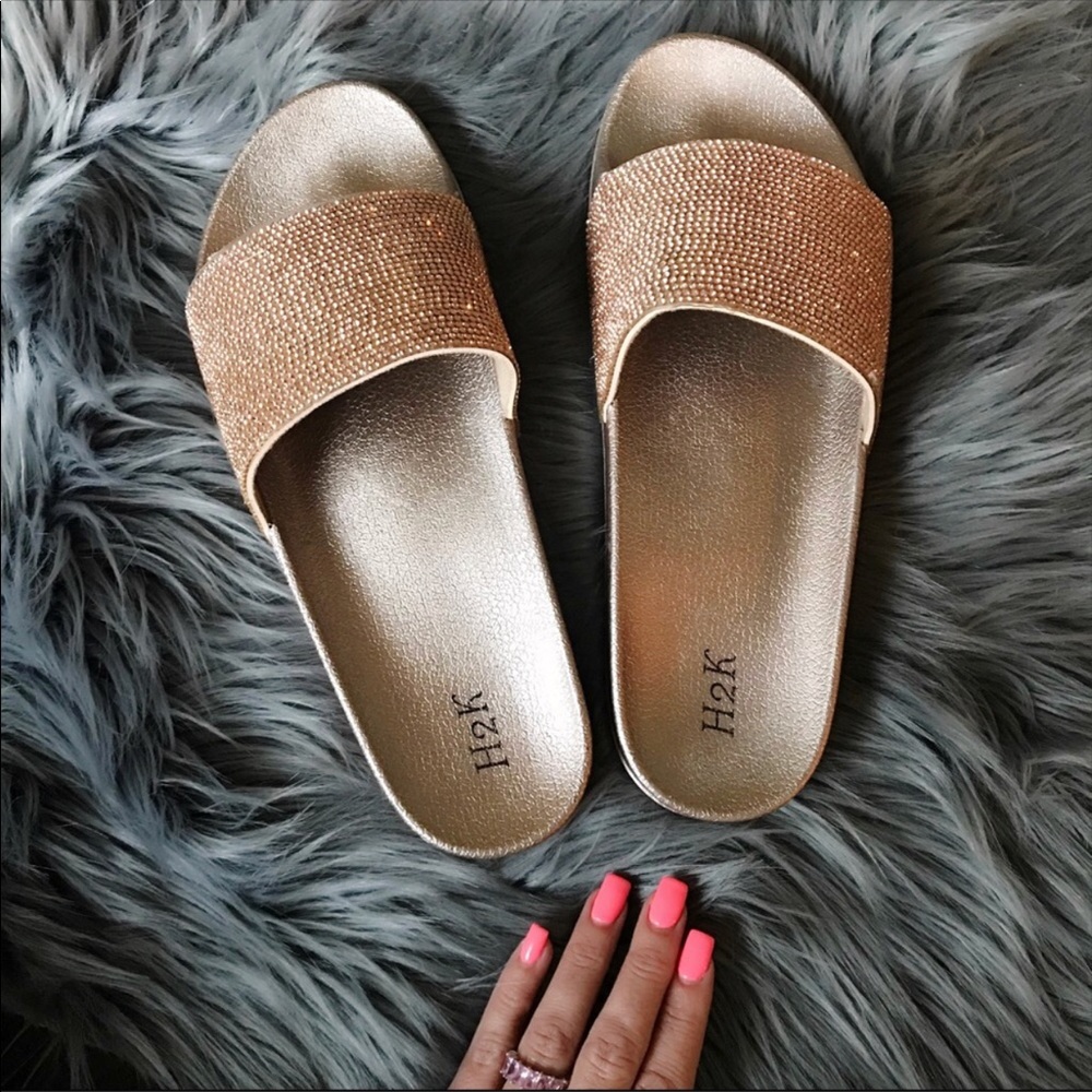 NWB 🌹✨ ROSE GOLD CRYSTAL ENCRUSTED SLIDES SZ 8 - Picture 4 of 8